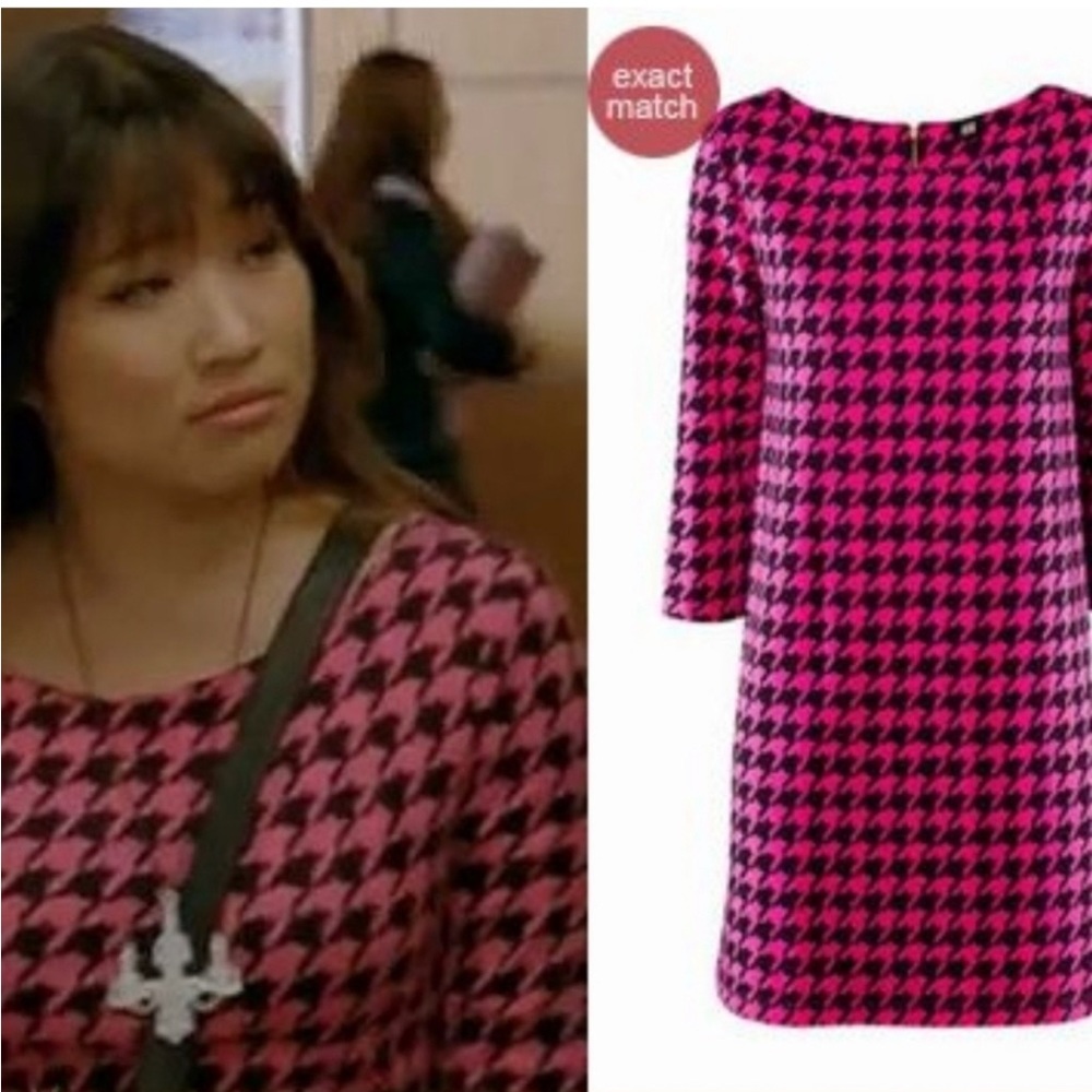 H&M Hot Pink Black Houndstooth Long Sleeve Dress ASO GLEE Blogger favorite S